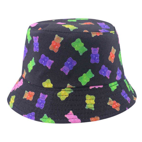 Nouveaux hommes réversibles dessin animé ours imprimé seau chapeaux femmes pêcheur chapeaux casquette été G220311