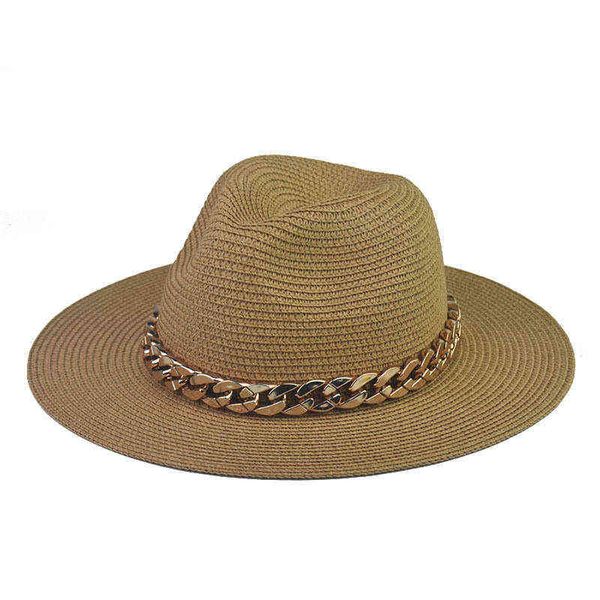 Nouveaux hommes et femmes été doré grande chaîne casquette de soleil chaîne grand bord Jazz plat plage chapeau de paille protection UV casquette de voyage G220301