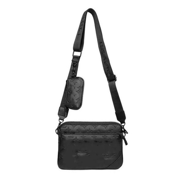 Nouveau sac pour hommes, sac pour téléphone portable à la mode, ensemble de 3 pièces, sac à bandoulière simple épaule haut de gamme en relief noir de haute qualité