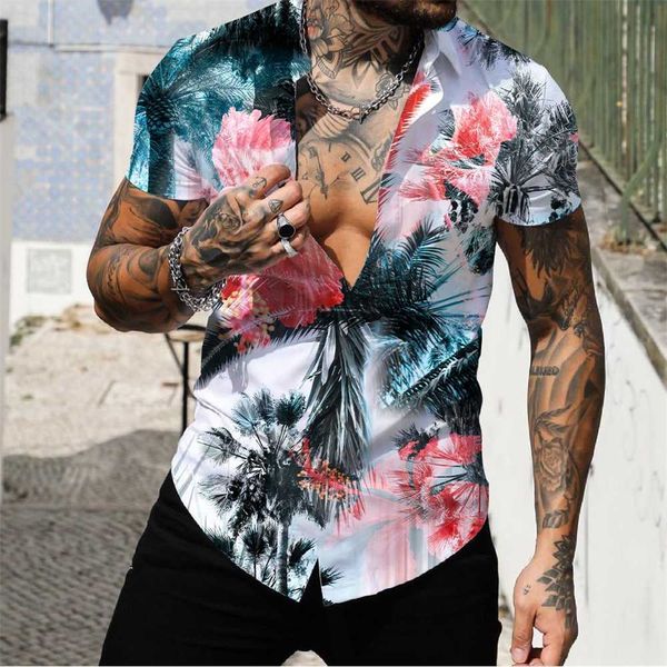 Nueva camiseta de playa para hombre, camiseta holgada hawaiana de manga corta con flores de cocotero de secado rápido para surfhscwhscw