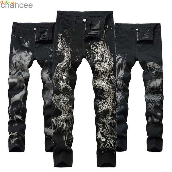 Nouveaux hommes chinois à la mode Dragon noir jean maigre Stretch confortable mode Hip-hop hommes Denim pantalon Streetwear imprimé pantalon HKD230829