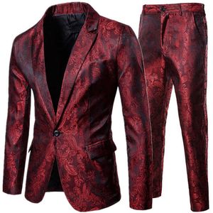 Nieuwe herenjas broek 2 stuks pak sets / mannelijke print partij nachtclub luxe stijl enkele gesp slanke blazer jas broek x0909