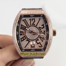 Nouvelle COLLECTION POUR HOMMES Vanguard Date V 45 SC DT Cadran diamant Montre automatique pour homme Or rose Boîtier en diamant Bracelet en cuir et caoutchouc W209b