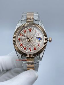 Nouvelles montres en diamant pour hommes Échelle arabe rouge Visage en or rose Nouveau bracelet en diamant de la rangée du milieu Montre de mode personnalisée Calendrier Montre mécanique automatique