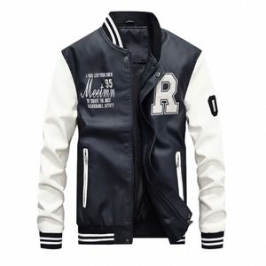 Veste de baseball brodée pour hommes Veste décontractée en cuir Slim New Wave Polaire Col montant Veste en cuir d'aviateur O1q9 #