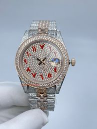 Nieuwe herenmodehorloges Rode Arabische cijfers Horloge Rose Gold Diamond Face Watch Full Diamond Strap Watch Automatisch mechanisch horloge 41 mm