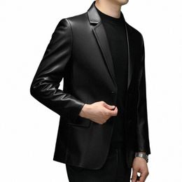 Nouveaux hommes Fi Busin Casual Slim-Fit Veste en cuir coréen Out coupe-vent professionnel mariage couleur unie peau de vache Blazer N4Br #