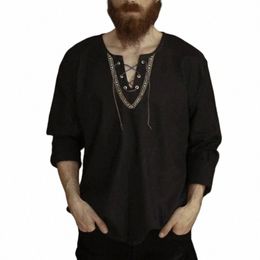 Nueva camisa de lino Fi Hippie Cott para hombre, Tops holgados Retro informales con manga LG y cuello en V, blusa de traje Medieval con cordones sólidos para hombre 80HK #