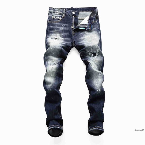 Nouveaux jeans pour hommes 2023 printemps et automne trou cassé élastique lavage à l'eau pieds des étudiants serrés boîte de nuit mode imprimé pantalon D2