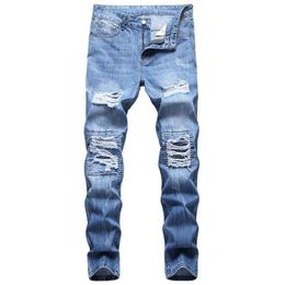 Novas calças de brim masculinas calças de algodão buraco casual magro nova tendência denim hombre carta estrela homem bordado retalhos calça para tendência 294z