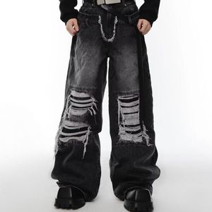 Nouveau Jean homme mode lavé endommagé Double taille Design pantalon haute rue couleur unie droit Denim