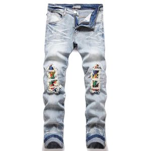 Nieuwe herenjeans Wave Rainbow Graffiti Hoge elastische 3D innerlijke borduurwerk Rits Trend Vouw gebleekte slim fit broek