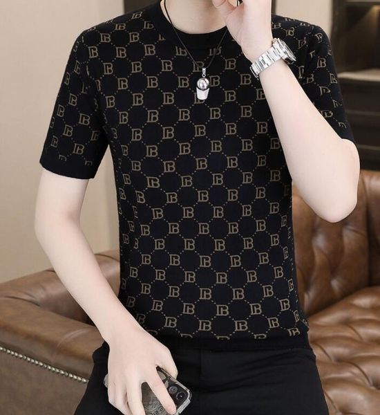 Nouveaux t-shirts tricotés pour hommes Silk Silk confortalble Tshirt imprimé noir extensible mâle à manches courtes mâles à manches