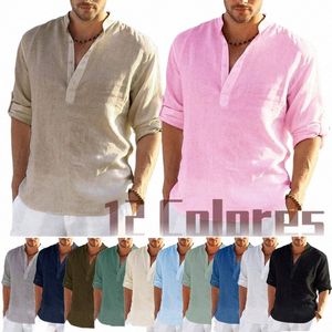 Nieuwe mannen Lg Mouw T-Shirt Effen Kleur Losse Casual Shirt Lg Mouw Cott Linnen Shirt d1sd #