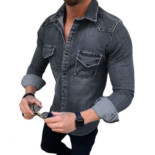 Nouvelle chemise à manches longues pour hommes de Style européen et américain, Patchwork de couleur unie décontracté pour jeunes, chemise en Denim pour hommes, chemise pour hommes