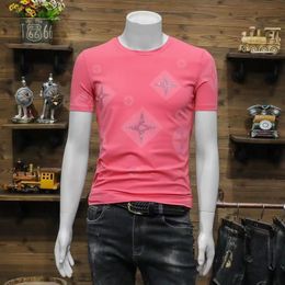Nova camiseta masculina de luxo estampada com strass de algodão mercerizado casual masculina de grife gola redonda manga curta top rosa azul
