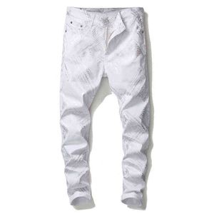 Nieuwe mannen mannelijke zilveren slang huid gedrukt witte jeans mode slim fit stretch denim broek broek g0104