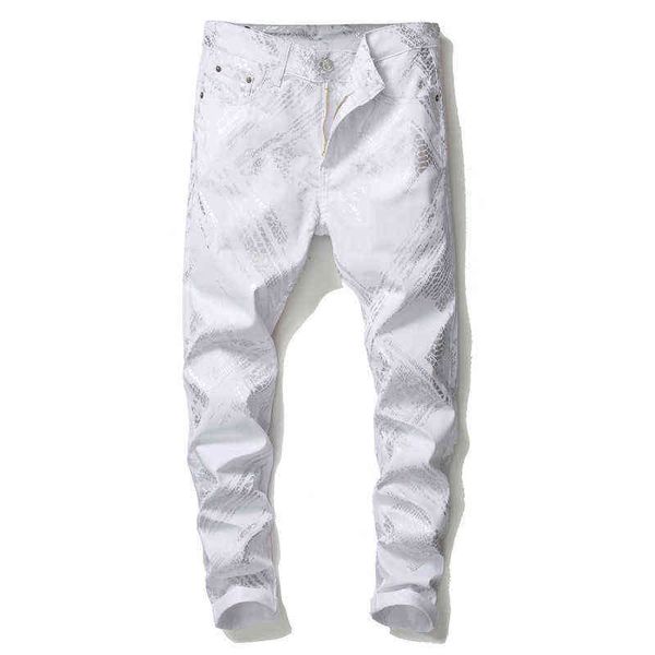 Jean blanc imprimé peau de serpent argenté pour hommes, pantalon en denim extensible, coupe slim, à la mode, G0104, nouvelle collection