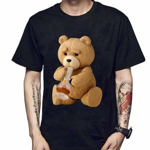 Nouveaux hommes imprimé mignon ours en peluche boire de la bière affiche T-Shirt été à manches courtes haut Cott T-Shirt Cool T-Shirt haut Streetwear C04S #