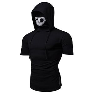 Nieuwe heren stretch fitness hooded hooded korte mouwen t-shirt schedel masker Hoogwaardige wandelcamping vissen kleding groot formaat cy200513