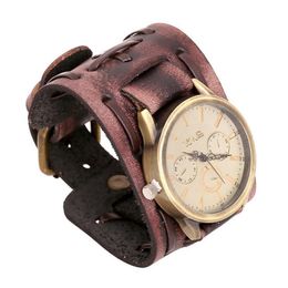 Nieuwe heren stijlvolle vintage echte lederen breedte polsbandje horloges cowhide wrap armband punk polshorloges xmas cadeaus sieraden3122