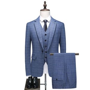 Nuevo Conjunto de traje para hombre, Blazers informales grandes a cuadros, vestido de boda ajustado de tres piezas para novio, venta al por mayor