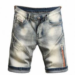 Nouveaux hommes d'été Stretch Denim Shorts rétro Streetwear vieux Slim Fit court Jeans épissage conception 98% Cott marque o51D #