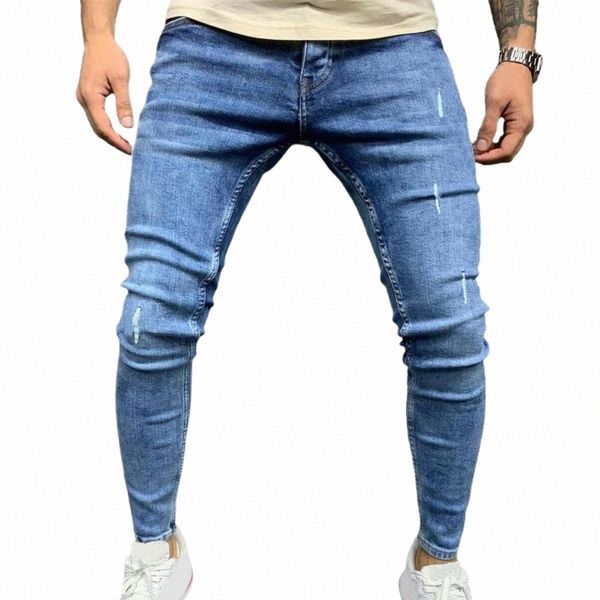 Pantalones de chándal de los nuevos hombres Pantalones vaqueros del agujero atractivo Pantalones ocasionales del otoño masculino rasgados pantalones elásticos delgados del motorista pantalones del lápiz azul M-3XL O75z #