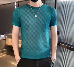 Nieuwe heren t-shirts zomer ronde nek ultral dunne ijs zijden licht comfortalble t-shirt rek man mannelijke geruite slanke fit korte mouw gebreide tee shirt top homme