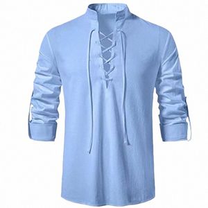 Nieuwe mannen V-hals shirt T-shirt Fi Vintage Dunne Lg Mouw Top mannen Casual Ademend Viking Frt Lace Up man shirts r1UA #