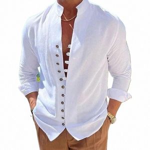 Nieuwe Mannen Vintage Casual Shirts Cott Linnen Lg Mouw Street Wear Revers Butt Effen Kleur Shirt Voor Mannen Vacati blouse Top Z2ID #