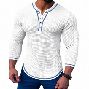 Nouveau T-shirt de couleur unie gaufré pour hommes Lg manches V-cardigan Henry Neck Tee Tops Printemps Automne Casual Comfort Chemise élastique N2Jx #