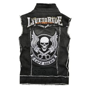 Nuevo chaleco de calavera bordado negro lavado para hombre parches de moda de cuatro estaciones remache de retales letras chaleco delgado camiseta sin mangas