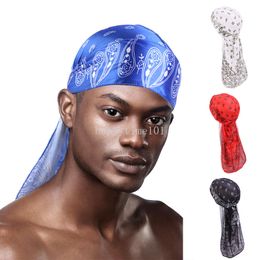 Nouveaux hommes Satin Paisley imprimé Durag Turban Bandanas chapeaux soyeux DuRag Doo chiffon longue queue Pirate chapeau vague casquettes cheveux accessoires