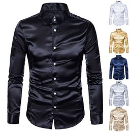 Nieuwe mannen satijnen zijde lange mouwen turn-down kraag casual mannelijk shirt met ruches vintage trouwjurk plus size shirts