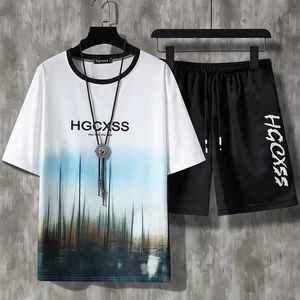 Nouveaux hommes ensembles été décontracté Harajuku survêtement hommes vêtements de sport ensemble mode impression T-shirts court 2 pièces survêtement