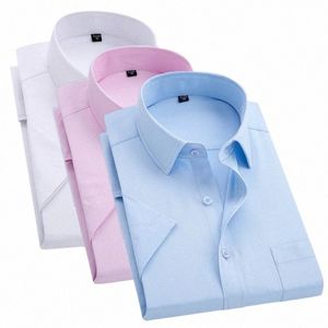 Nuevos hombres Camisa de sarga de manga corta Blanco / Rosa Color sólido Busin Formal Dr Top Tallas grandes 48-37 l1j1 #