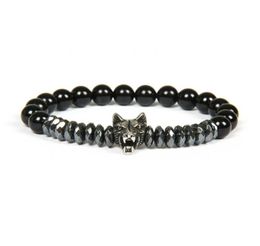 Bracelet argenté New Men Bracelet entièrement des bracelets de loup en acier inoxydable 10pcslots avec des perles de pierre de 8 mm bijoux perles pour don9509947