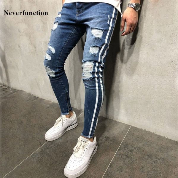 Nouveaux hommes coupe ajustée genou trous hip hop jeans skinny mode côté bande blanche Distressed Ripped Stretch Streetwear Denim pantalon 210319