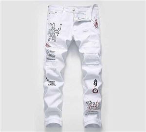 New Men Streetwear Personalité Ripped Imprimé Blanc Skinny Jeans Hip Hop Punk Motorcycle décontracté Stretch Jeans Pantalon X06214907504