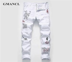 Nuevos hombres Streetwear personalidad rasgados impresos pantalones vaqueros ajustados blancos Hip Hop Punk Casual motocicleta pantalones vaqueros elásticos de mezclilla CX2008902135
