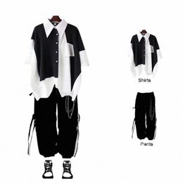 Nieuwe Mannen Streetwear Tweedelige Pak Splice Chain Lg Mouw + Ribb Keten Broek Harajuku Cargo Broek 2 delige Sets Heren Outfits o62b #