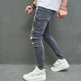 Nouveaux hommes élégants jeans crayons skinny déchirés streetwear streetwear mâles trous de hip hop extensible pantalon en jean mince