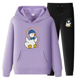 NIEUWE MANNEN VRAGSPUIT HOODIES Casual schattige cartoon eend print kleur dikke pullover en lange broek 2-delige set mannen herfst fleece jogger sport pak