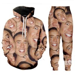 Nouveaux hommes/femmes acteur Nicolas Cage drôle impression 3D mode survêtements Hip Hop pantalon + sweats à capuche T02
