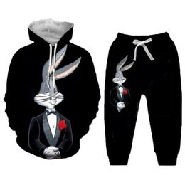 Nieuwe Mannen Dames Bugs Bunny Grappige 3D Print Mode Trainingspakken Crewneck Hip Hop Sweatshirt en Broek 2 Stuks Set Hoodies TZ11222i