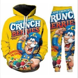 Nuevos hombres para mujer Food Crunch Berries Divertido estampado 3D Moda Chándales Cuello redondo Hip Hop Sudadera y pantalones 2 piezas Conjunto Sudaderas con capucha TZ08304B