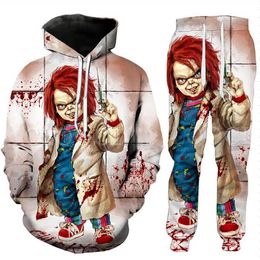 Nouveaux hommes femmes Halloween terreur Chucky impression 3D mode survêtements col rond Hip Hop sweat et pantalon Hoodies240F