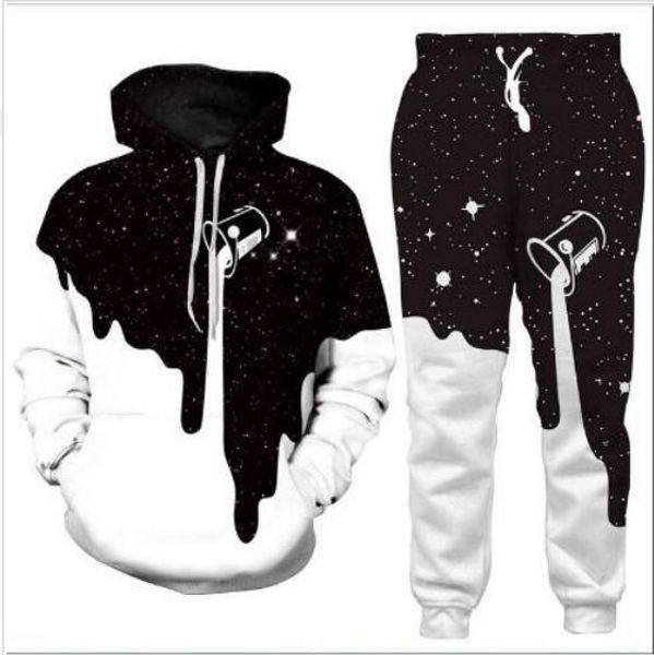 Nouveaux hommes / femmes Space Galaxy Milk Dripping Funny 3D Print Mode Survêtements Crewneck Hip Hop Sweat et Pantalon 2 Pcs Set Hoodies TZ06