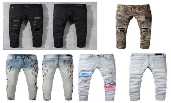 Nuevos Men039s Jeans pantalones vaqueros negros pantalones pitillo rasgados Stretch Slim west hip hop botín denim motocicleta motociclista Moda lavado hiphop 5762239